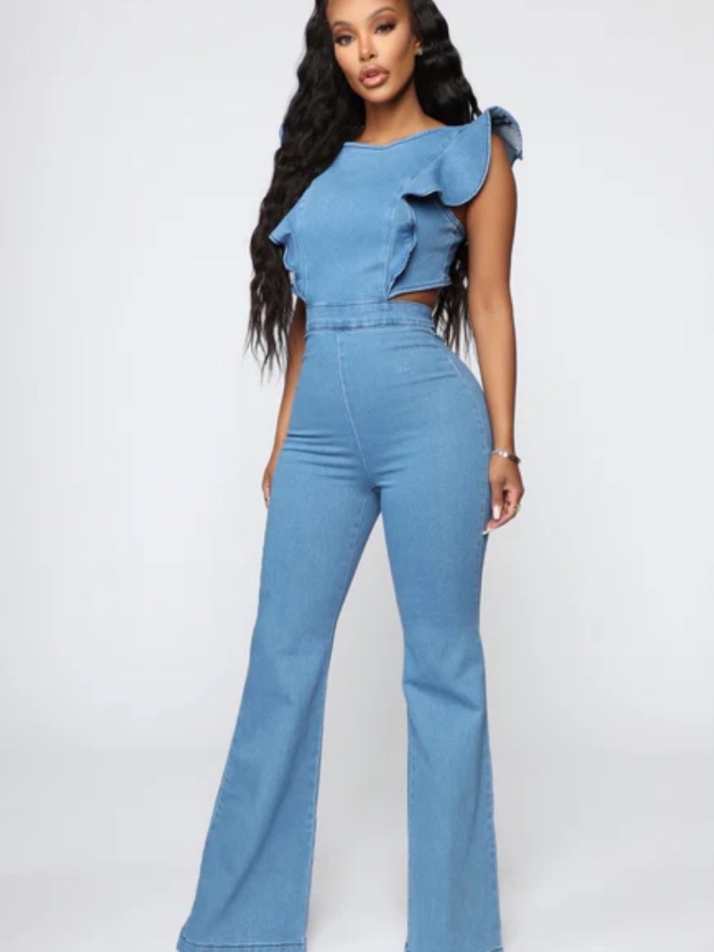 NWT Fashion Nova Ruffle Jumpsuit Sz Med (pic is blue but item is WHITE DENIM)